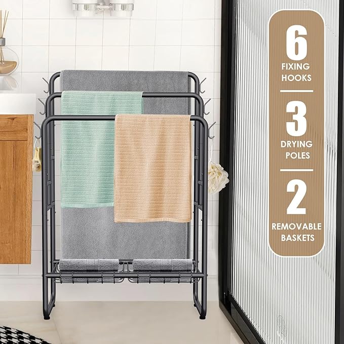 Kayfia 40" H Towel Rack Freestanding, 3-Tier Bath Towel Holder Stand with Storage Baskets & Hooks, Blanket Drying and Display Rack for Oversized Bath Towels, Metal Towel Rack Stand Indoor Outdoor