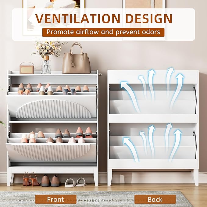Vlsrka Shoe Cabinet Storage for Entryway with 2 Flip Drawers, Narrow Wooden Shoe Cabinet, Outdoor Hidden Shoe Storage for Entryway, Garage, Foyer, Hallway, Living Room