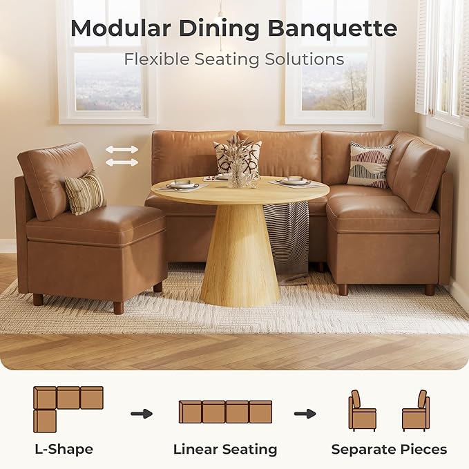 SITJOY Breakfast Nook Bench with Storage, Modular Corner Kitchen Banquette Seating, Dining Settee Couch, Upholstered Dining Bench with Back, Pet-Friendly Faux Leather in Brown, 4-Seat L Shaped Nook