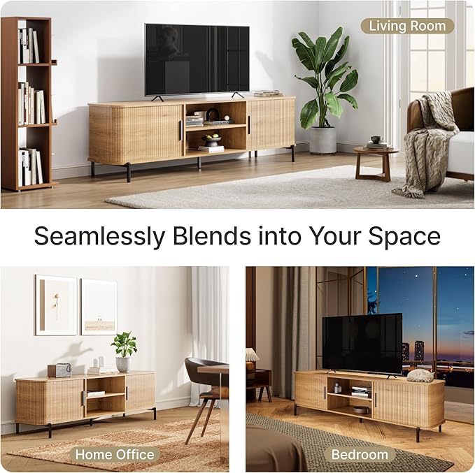 SUNCOZE 70" Mid-Century Fluted TV Stand with Storage, Modern Entertainment Center for TVs up to 80 Inch with Sliding Tambour Doors & Open Shelves, Media Console for Living Room or Bedroom, Wood