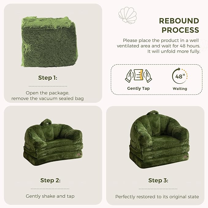 MAXYOYO Folding Sofa Bed, 2 in 1 Convertible Sofa to Lounger Comfy Single Bean Bag Chair for Adults, Floor Sleeper Couch with Handle, Faux Fur Couch Bed for Living Room Bedroom, Green