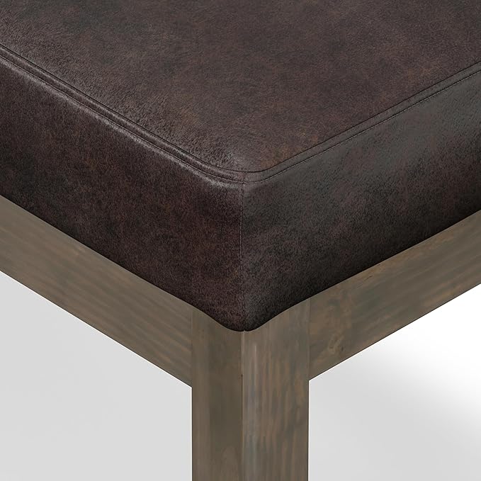 SIMPLIHOME Milltown Small Ottoman Bench - 27" Wide x 18" High Upholstered Vegan Leather Rectangle Footstool Ottoman in Distressed Brown, Contemporary Bench for Bedroom with Cushioned Seat, Assembled