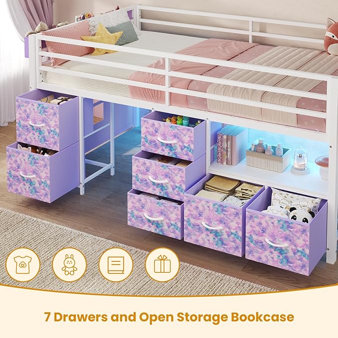 ADORNEVE Low Loft Bed Twin Size with 7 Storage Drawers, Bookcase and LED Lights, Metal Kids Loft Bed with 14" H Safety Guardrail,Inclined Ladder and Play Curtain, Under-Bed Play Space, Purple