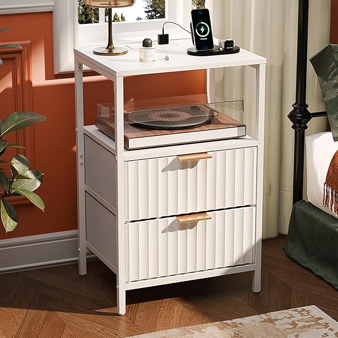 VINGLI White Nightstand with Charging Station and Fabric Drawers, Fluted Nightstand with Drawers, White Side Table/Night Stand with Charging Station for Bedroom, Dorm, 14.96" W*11.81" D*23.78" H