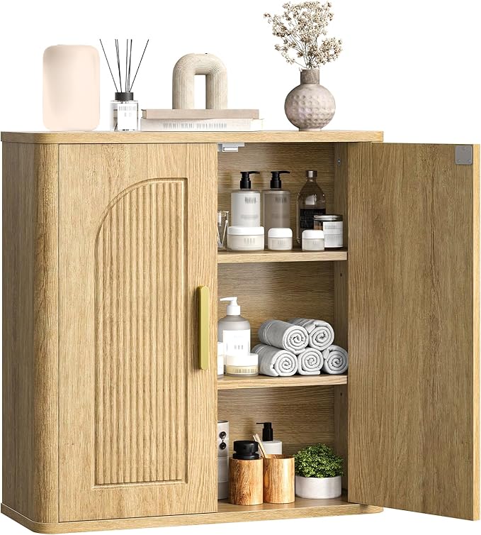 CHOEZON Bathroom Wall Cabinet, Bathroom Storage Cabinet, Medicine Cabinet with Adjustable Shelves and Fluted Doors, Over Toilet Storage Cabinet, for Bathroom, Bedroom, Kitchen, Living Room, Natural