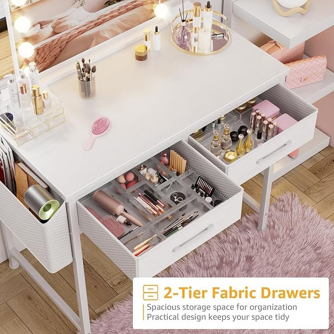 DLisiting White Desk with Storage Drawers - 39 Inch Small Computer Desk with Drawers for Bedroom Home Office, Study Writing Vanity Table Without Mirror for Girls Small Spaces