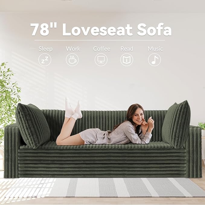 HABUTWAY 78" Loveseat Boneless Couch, 4-in-1 Convertible Sofa Bed, Plush Fur Folding Futon Sofa Bed Couches with 2 Pillows for Living Room, High-Density Foam Support, No Assembly Required, Green