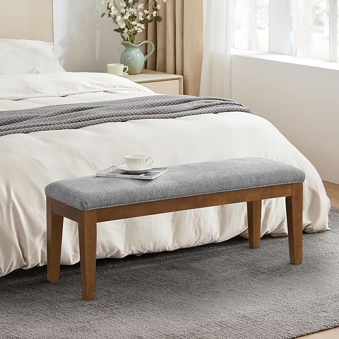 HUIMO Kitchen & Dining Room Benches, Fabric End of Bed Bench with Solid Wood, Upholstered Entryway Bench for Living Room, Bedroom (Grey)