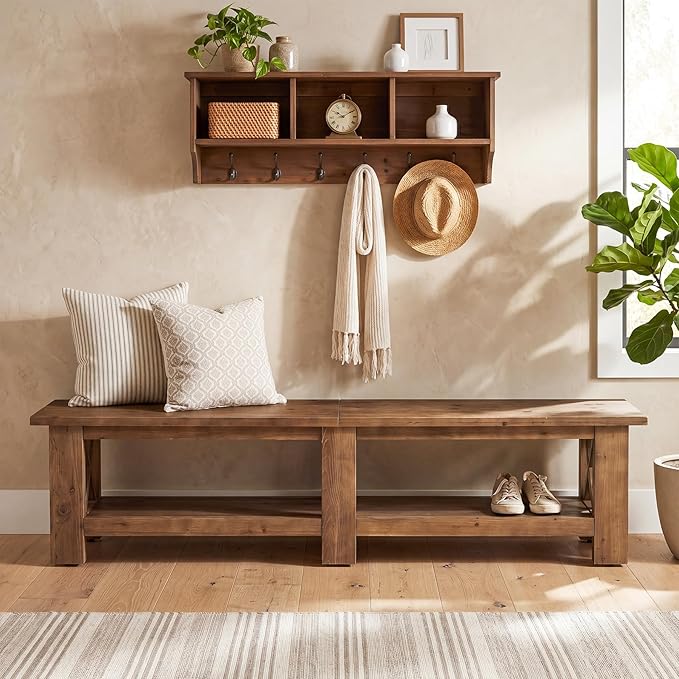 70.87" Solid Wood Entryway Shoe Bench, Extra Long Farmhouse Entryway Bench with Storage for Hallway, End of Bed, Dining Room, Rustic Brown