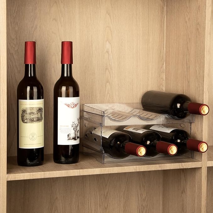 EZ COZY Wine Rack, 2 Tier Water Bottle Organizer for Cabinet, Stackable Clear Wine Holder for Pantry, Refrigerator, Countertop Organization (6 Bottles)