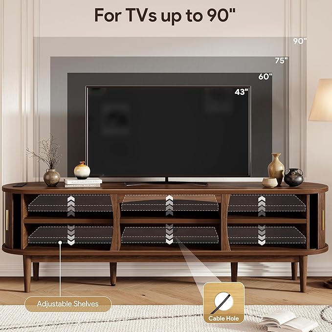 Decofy Mid Century TV Stand for TVs up to 90 Inches, Entertainment Center with Storage, Power Outlet, Fluted Sliding Doors & Adjustable Shelves, Modern Media TV Console Table for Living Room (Walnut)