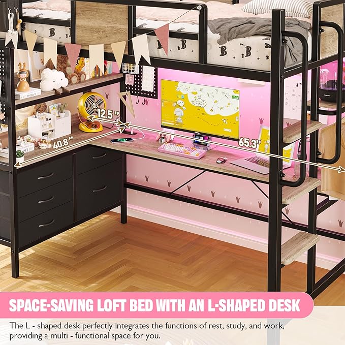 BYSAUD Twin Loft Bed with Desk and Storage, Metal Bunk Bed with 5 Drawers and 2 Pegboards, Heavy Duty Loft Bed Twin Size with LED Lights and Charging Station for Teens Adults, Noise Free, Gray