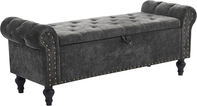 51" Storage Ottoman Bench, End of Bed Bench for Bedroom, Chenille Upholstered Benches for Foot of Bed, Window Benches, Storage Ottomans for Living Room, Entryway, Dark Gray