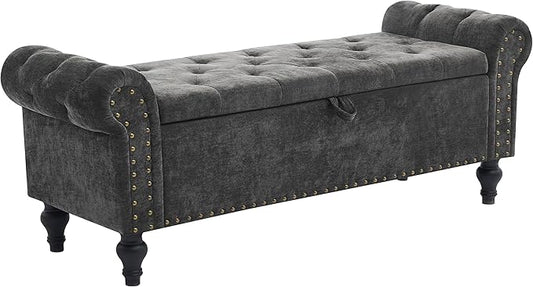 51" Storage Ottoman Bench, End of Bed Bench for Bedroom, Chenille Upholstered Benches for Foot of Bed, Window Benches, Storage Ottomans for Living Room, Entryway, Dark Gray