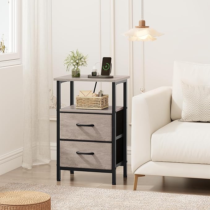 Vagusicc Night Stand Set 2, Nightstand with Charging Station, Bedside Tables with USB Ports and Outlets, 24.2" Tall End Table with Open Shelf, Bed Side Tables with 2 Fabric Drawers for Bedroom, Greige