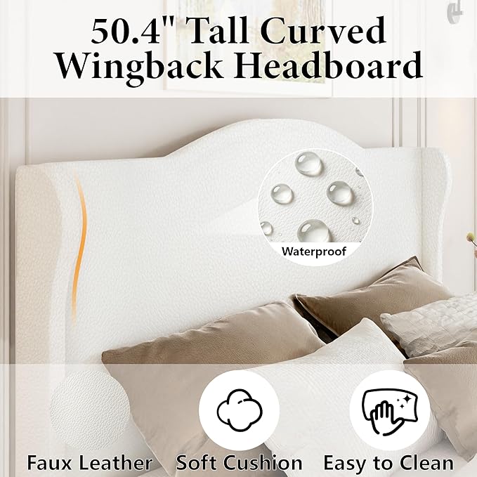 Upholstered Queen Bed Frame with Tall Headboard, Leather Platform Bed Frame with Wingback Sides, Wood Slats Support, Noise-Free Design, No Box Spring Needed, Easy Assembly, White
