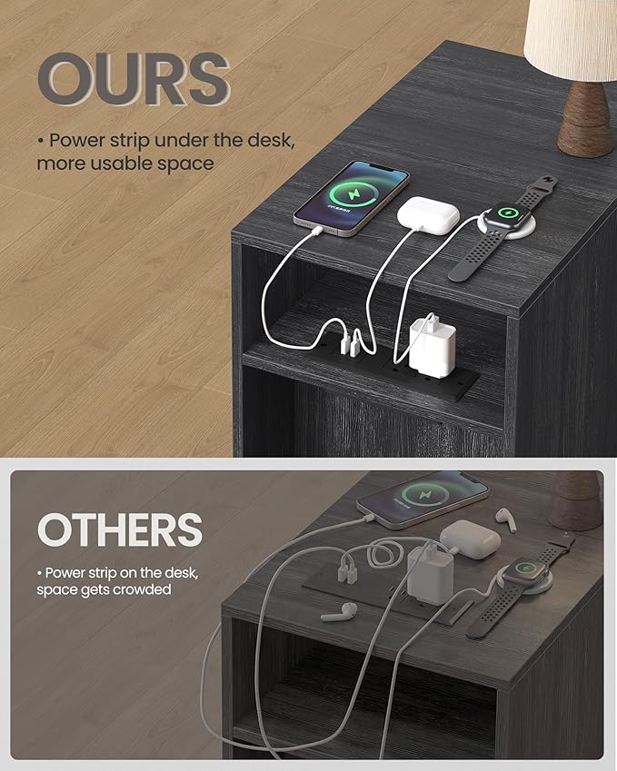 VASAGLE MAEZO Collection - End Table with Charging Station, Narrow Side Table, Nightstand with Tapered Legs, Curved Transitions, for Small Spaces, Living Room, Bedroom, Charcoal Gray ULET329B101S