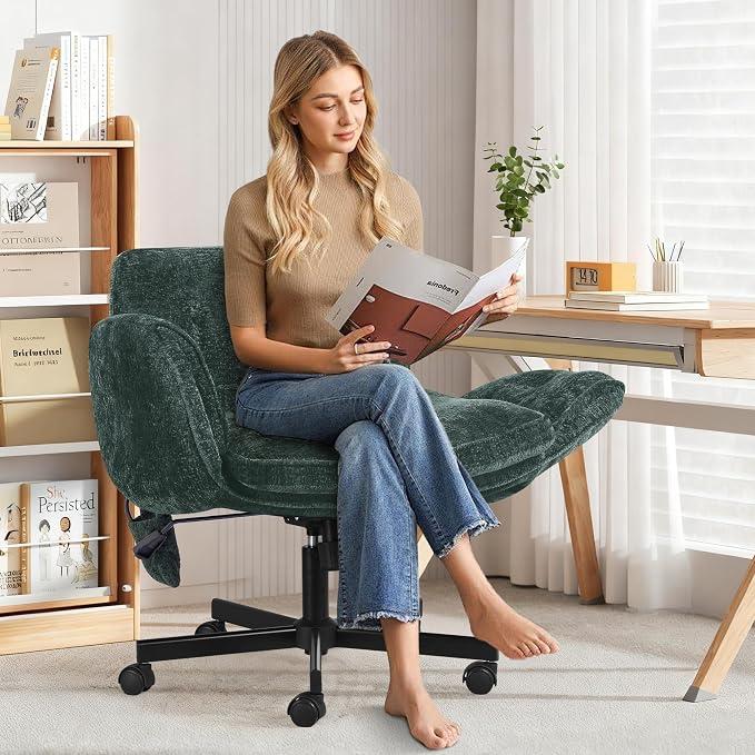 Criss Cross Chair with Lumbar Airbag & Folding Arms Relieve Back Pain, Wide Cross Legged Office Chair for Home Office, Comfy Swivel Desk Chair with Wheels, 5 Level Adjustable Armrest, Chenille(Green)