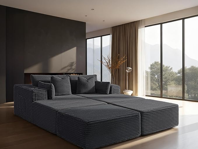 72" Cloud Sectional Couch, Comfort Sleep Sofa for Living Room, Extra Deep Seats No Assembly, Minimalist Modular Couch, Corduroy (Dark Grey, Extend Loveseat Chaise)