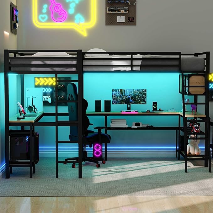 Twin Size Loft Bed with L-Shaped Desk and Storage Shelves, Heavy Duty Metal Loft Bed with LED Lights and and Charging Station for Kids Teens Adults, Saving Space, No Box Spring Needed, Black
