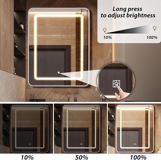 APRILSOUL 16x24 Inch Lighted Bathroom Medicine Cabinet with Mirror, Silver Recessed or Surface Mount Medicine Cabinet Mirror with Storage and LED Lights, 3 Colors Temperature, Dimmable Light
