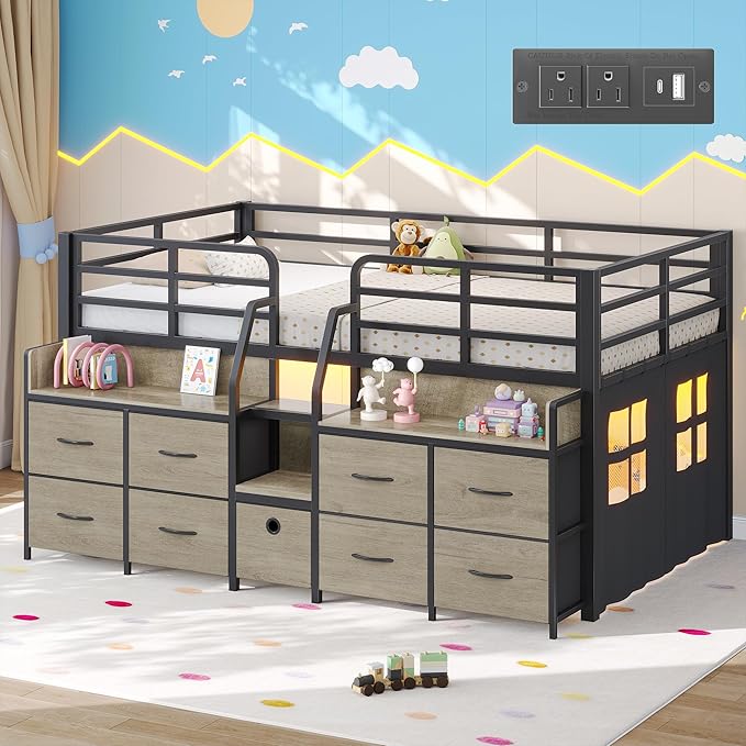 Dnxao Low Loft Bed Twin with 9 Drawers 2 Storage Bookcases,Twin Bed Frame for Kids with LED Lights and Charging Station,15" H Safety Guardrail,Under-Bed Play Space, Oak Gray