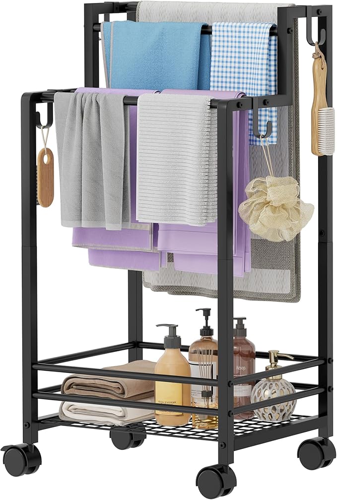 Gewudraw Free Standing Towel Rack, Pool Towel Rack, 4-Tier Blanket Stand with Shelf, Bathroom Towel Drying Rack with 4 Hooks, Rust-Resistant Drying Rack Indoor/Outdoor, Black