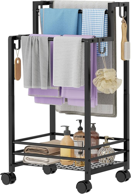 Gewudraw Free Standing Towel Rack, Pool Towel Rack, 4-Tier Blanket Stand with Shelf, Bathroom Towel Drying Rack with 4 Hooks, Rust-Resistant Drying Rack Indoor/Outdoor, Black
