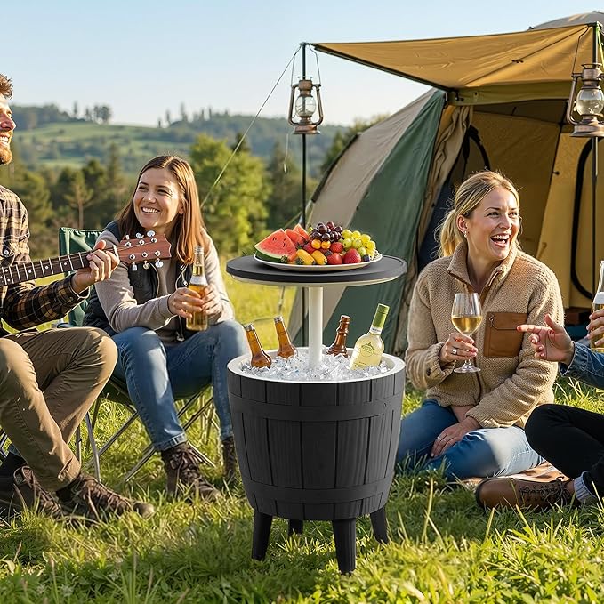 EasyUp Outdoor Resin Ice Bucket & Beverage Cooler-Patio Cooler Table with UV Protection,Wood-Look Side Tables for Your Patio, Picnic, and Beach Party (Black)