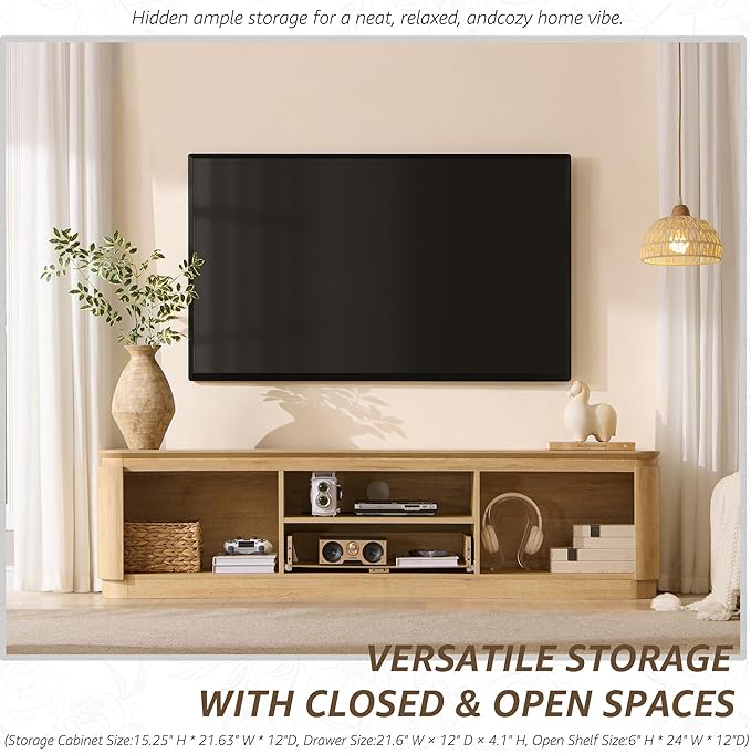 70" Fluted TV Stand for TVs Up to 80", Mid Century Modern Entertainment Center with Drawer, Storage Cabinet, Open Shelf, Wood Low Profile Media TV Console for Livingroom, Natural Oak