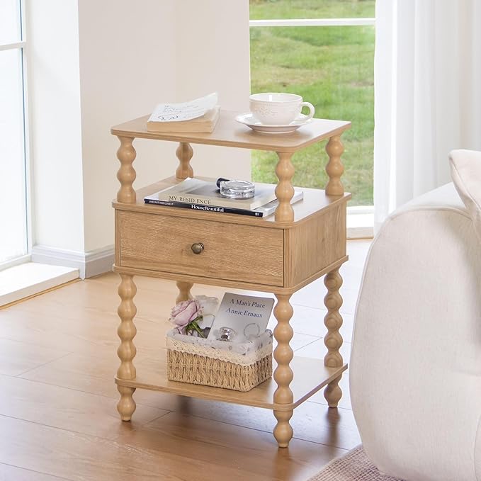 AWASEN Night Stand with Drawer, Bedside Table with Storage, 3-Tier Small Nightstand End Table for Bedroom with Solid Wood Spindle Legs, Rustic Walnut