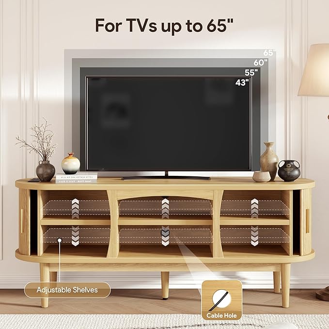 Decofy Mid Century TV Stand for TVs up to 65 Inches, Entertainment Center with Storage, Power Outlet, Fluted Sliding Doors & Adjustable Shelves, Modern Media TV Console Table for Living Room (Oak)