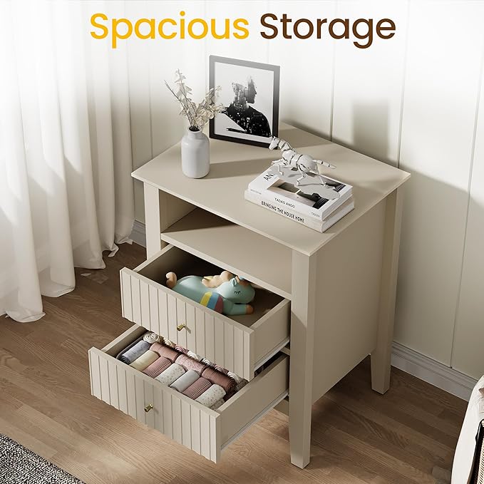 RoyalCraft Beige Fluted Nightstand with 2 Drawers, Colorful Nightstand for Bedroom, Modern Wooden End Table with Storage for Small Spaces, Tall Side Sofa Table for Couch, Home Office