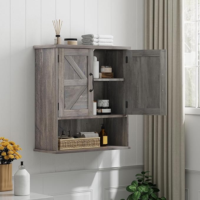 Smuxee Farmhouse Bathroom Cabinet Wall Mounted, Washed Grey Small Medicine Cabinet with Adjustable Shelf, Bathroom Cabinet for Living Room, Laundry Room
