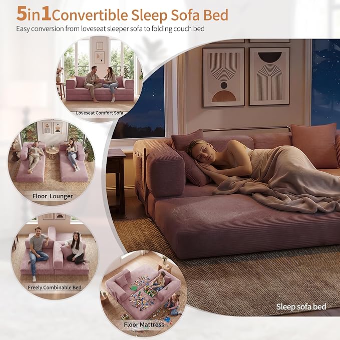 78.8" Convertible Sofa Bed with Armrest Pillow, 4-in-1 Sleeper Couch Bed for Livingroom, Modular Corduroy Boneless couches, No Assembly (Pink)
