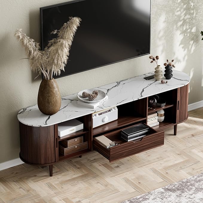 DHH 71" Fluted TV Stand with Power Outlet for TVs up to 80", TV Console with Adjustable Shelves and Sliding Door,Mid Century Modern Entertainment Center for Living Room,Bedroom (Walnut+Marble)
