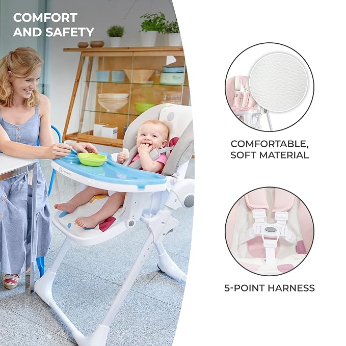 Kinderkraft Highchair Yummy, Baby Chair, Ergonomic, Comfortable, Reclining, Foldable, with Ajustable Height, Footrest, Detachable Double Tray, for Toddler, from 6 Month to 3 Years, Pink