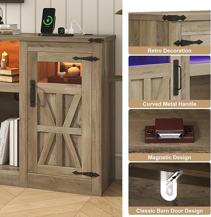 chartustriable Farmhouse TV Stand for 100 Inch TV,95" Entertainment Center w/LED Light,Large Media Console Cabinet w/Rustic Barn Doors,Power Outlets,Adjustable Shelves for Living Room,Grey