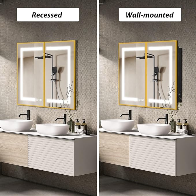 APRILSOUL 40x32 Inch Lighted Bathroom Medicine Cabinet with Mirror, Gold Recessed or Surface Mount Medicine Cabinet Mirror with Storage and LED Lights, 3 Colors Temperature, Dimmable Light