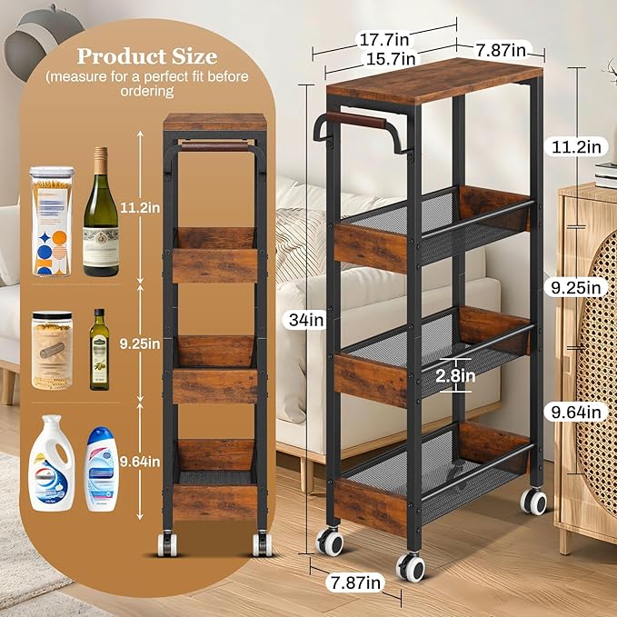 Utility Slim Storage Cart with Wheels, 4 Tier Slim Rolling Cart, Slim Rolling cart for Kitchen,Small Rolling Cart with Wood Top, Skinny Metal Organization Trolley Laundry with Handle for Small Space