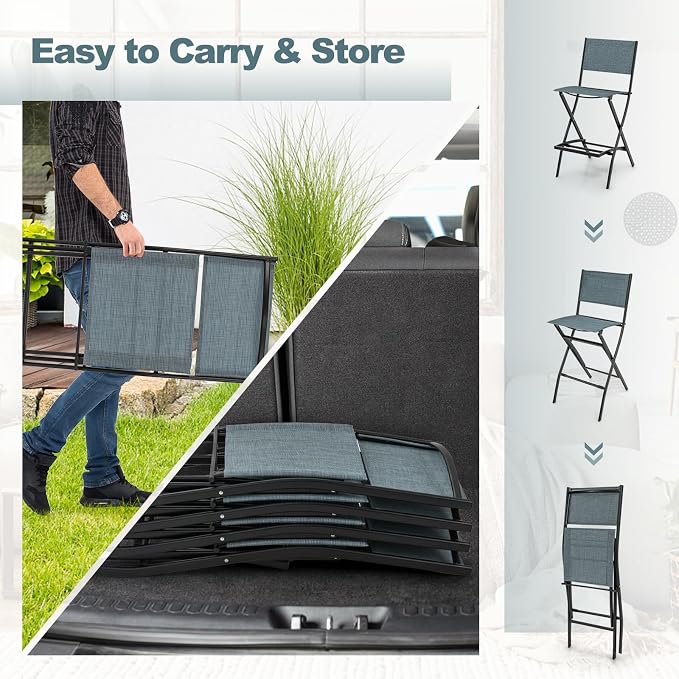 Giantex Folding Patio Bar Chairs Set of 4, Outdoor Counter Height Bar Stools with Footrest & Back, All-Weather Resistant, Metal Frame, for Porch Deck Lawn Garden, Light Blue