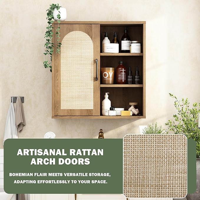 RUSTOWN Boho Rattan Wall Cabinet, Mid Century Bathroom Cabinet with Sliding Door, Adjustable Shelves, Over The Toilet Storage Cabinet (Rustic Oak)