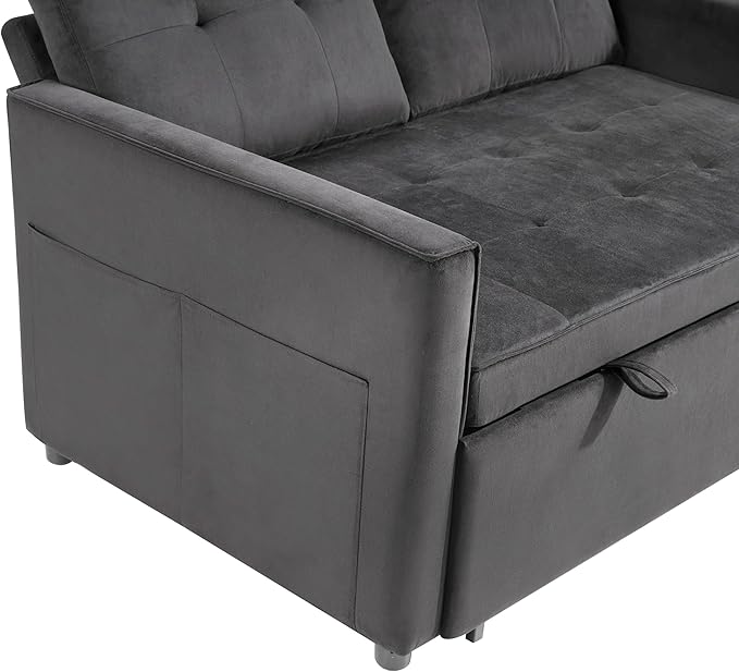 Sofa Bed, Pull Out Couch with Side Pockets, 3 in 1 Velvet Fabric Loveseat Sleeper Sofa Bed, Pull Out Couch with Adjustable Backrest for Living Room, Bedroom, Apartment, Gray, 53 Inch