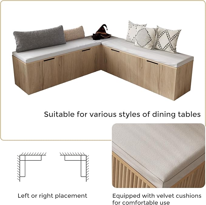 Mekminop Kitchen Breakfast Nook Bench, Backless Wood Corner Bench with Cushion Seat, L Shape Dining Bench with Hidden Storage Space, Natural Oak