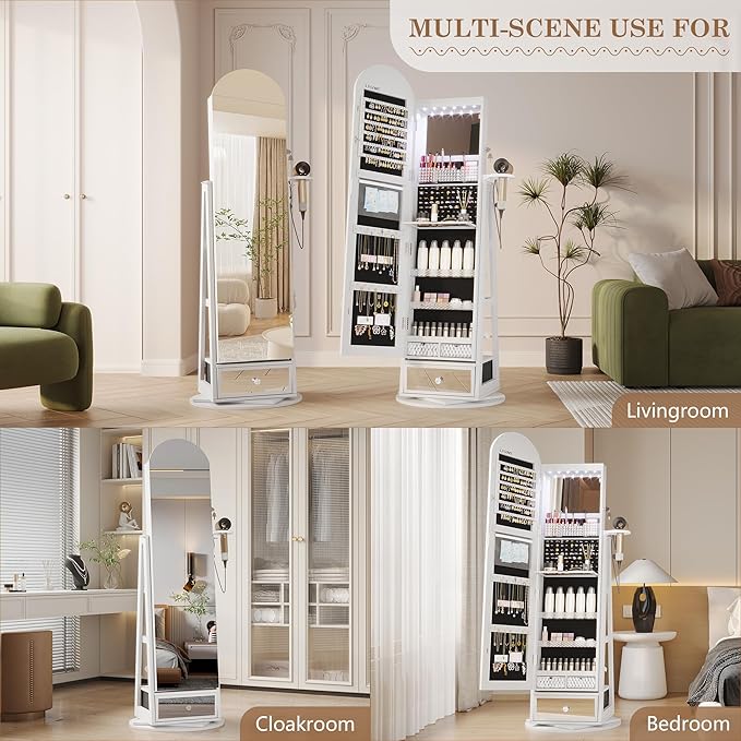 LVSOMT 64" H Arched LED Mirror Jewelry Cabinet Standing, 360° Swivel Full-Length Mirror with Storage, Lockable Jewelry Organizer with Inner Makeup Shelf, Gift for Women, White