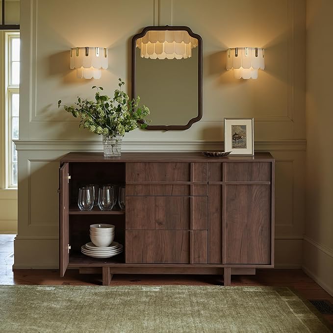 Sideboard Buffet Cabinet with Storage, 47.2" Large Sideboard with 2 Doors& 3 Drawers, Mid Century Modern Credenza with Skeleton line&Wood Grain for Living Room, Kitchen and Entryway, Walnut