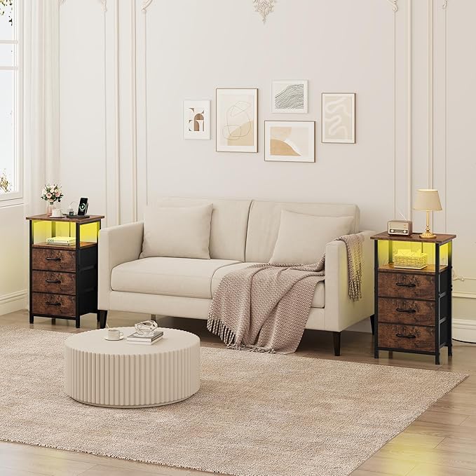 Vagusicc Night Stand with Charging Station, LED Nightstand for Bedroom, Bedside Table with 3 Fabric Drawers, End Table Side Table with USB Ports and Outlets, Bed Side Table for Bedroom, Rustic Brown