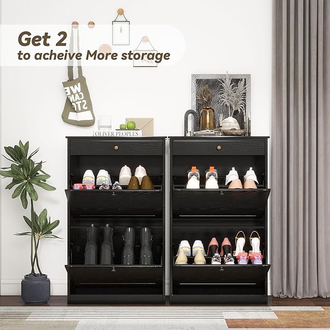 FTZxHKLX Shoe Cabinet with 2 Flip Drawers, Slim Freestanding Hidden Shoe Organizer with Drawer, Pet-Proof Shoe Storage Cabinet for Entryway Living Room Behind The Door, Black