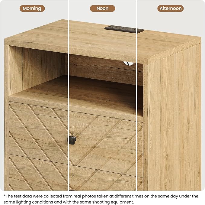 Modern Nightstand with Charging Station,LED Bedside Table with 2 Storage Drawers and Open Storage Cabinet,Wood Large End Table for Bedroom Furniture,Oak