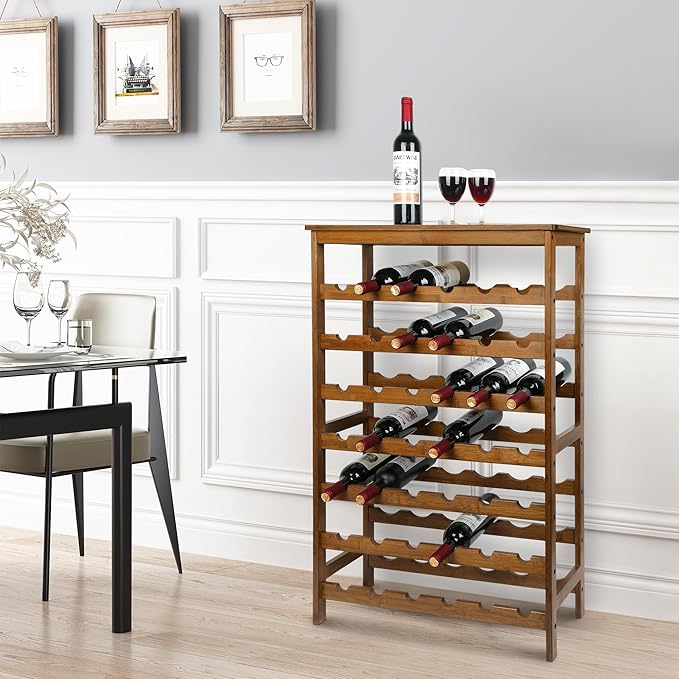 VASMIA 42 Bottles Bamboo Wine Rack,7-Tier Wine Rack Freestanding Floor with Table Top, Wine Storage Shelf for Kitchen Dining Room Bar,Walnut